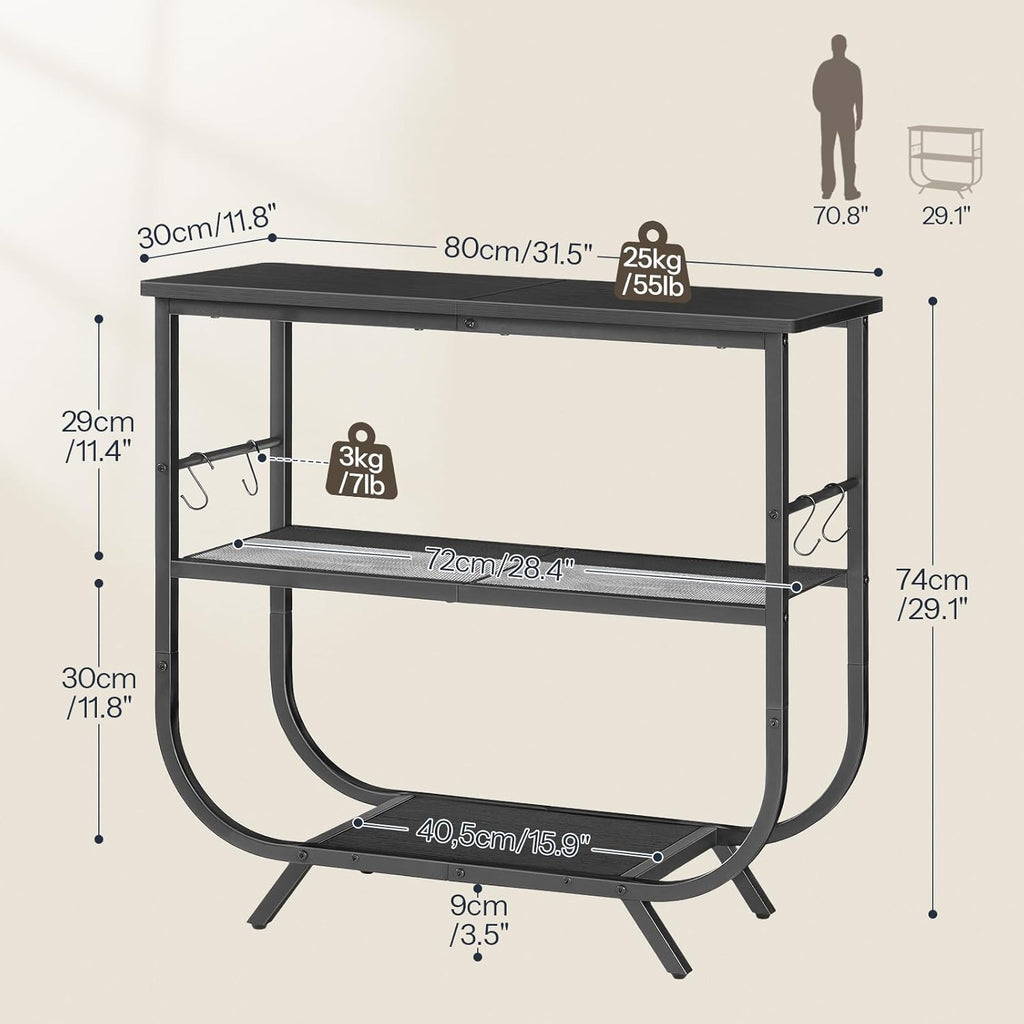 HOOBRO 3 Tier Small Console Table, 31.5" Entryway Table with Storage Shelf, Narrow Sofa Table, Behind Couch Table, Hallway Table with S-Hooks, for Living Room, Black BB63XG01