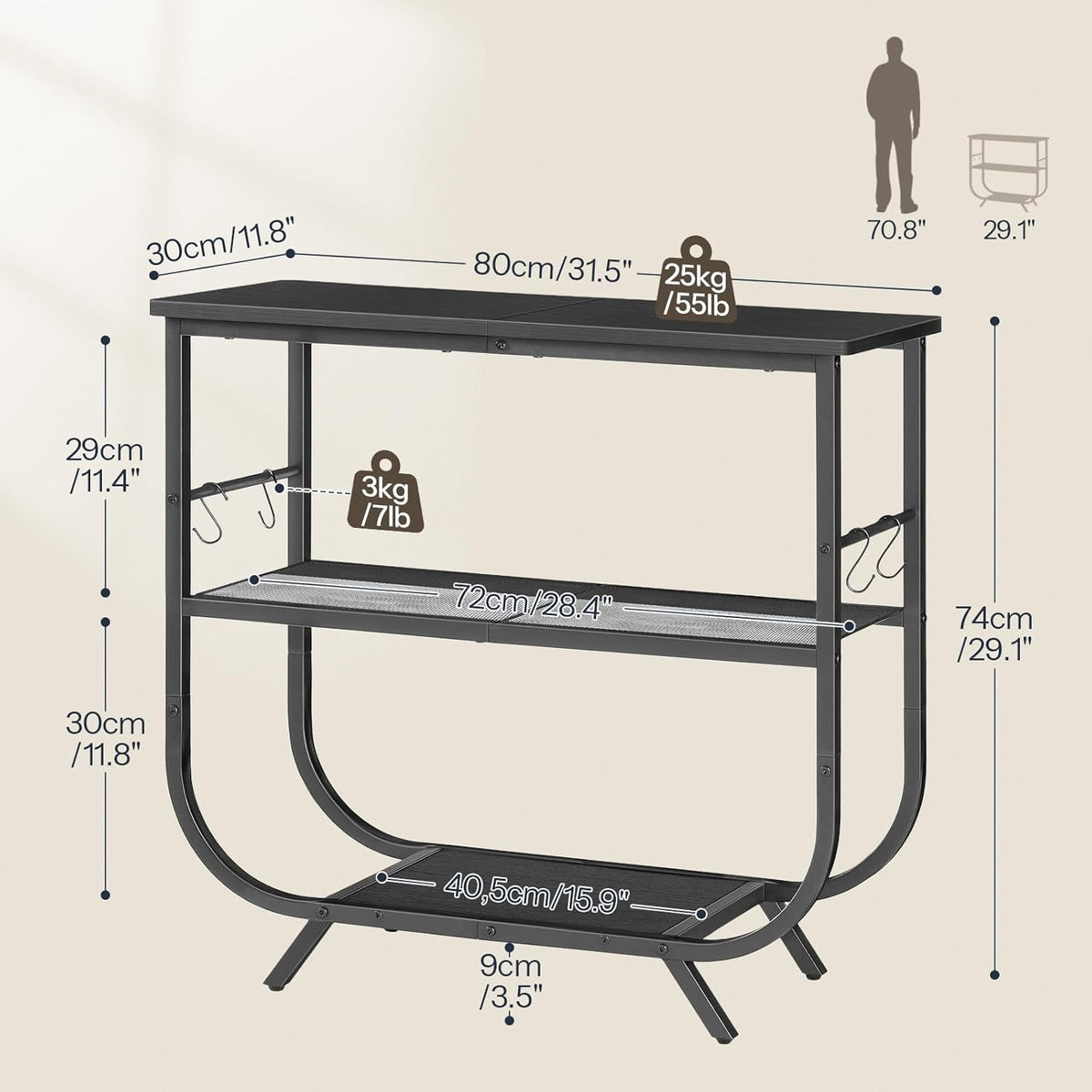 HOOBRO 3 Tier Small Console Table, 31.5" Entryway Table with Storage Shelf, Narrow Sofa Table, Behind Couch Table, Hallway Table with S-Hooks, for Living Room, Black BB63XG01