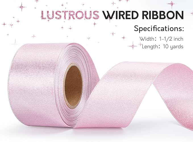 Light Pink Satin Ribbon for Valentines Day 1-1/2 Inch Double-Faced Wide Wired Sliver Glitter Ribbons for Wreath Christmas Tree Decoration Gift Wrapping, Home Decor 10 Yards