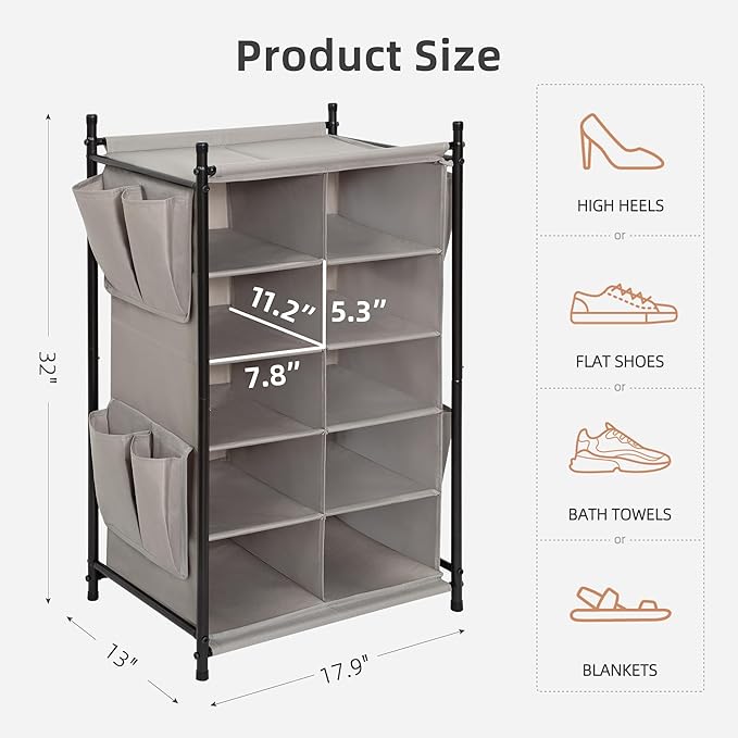STORAGE MANIAC Shoe Cubby Organizer, Free Standing Shoe Cube Rack for Entryway, Bedroom, Apartment, Closet, 10-Cube Gray