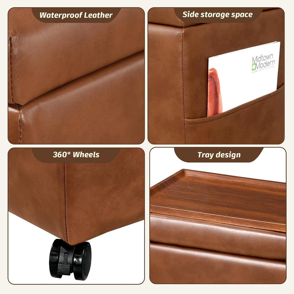 16" Faux Leather Storage Ottoman Foot Rest Stool with Wooden Tray, Footstool with Side Pocket & Wheels, Small Space Coffee Table & Seat for Living Room, Bedroom, Vintage Orange