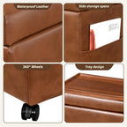 16" Faux Leather Storage Ottoman Foot Rest Stool with Wooden Tray, Footstool with Side Pocket & Wheels, Small Space Coffee Table & Seat for Living Room, Bedroom, Vintage Orange