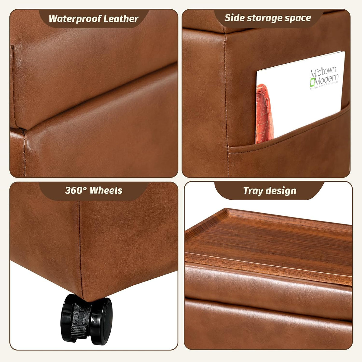 16" Faux Leather Storage Ottoman Foot Rest Stool with Wooden Tray, Footstool with Side Pocket & Wheels, Small Space Coffee Table & Seat for Living Room, Bedroom, Vintage Orange