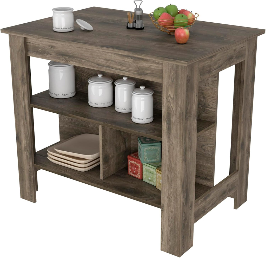 Kitchen Island with Three Shelves Dark Brown Finish | Three storage shelves with dimensions for kitchen organization