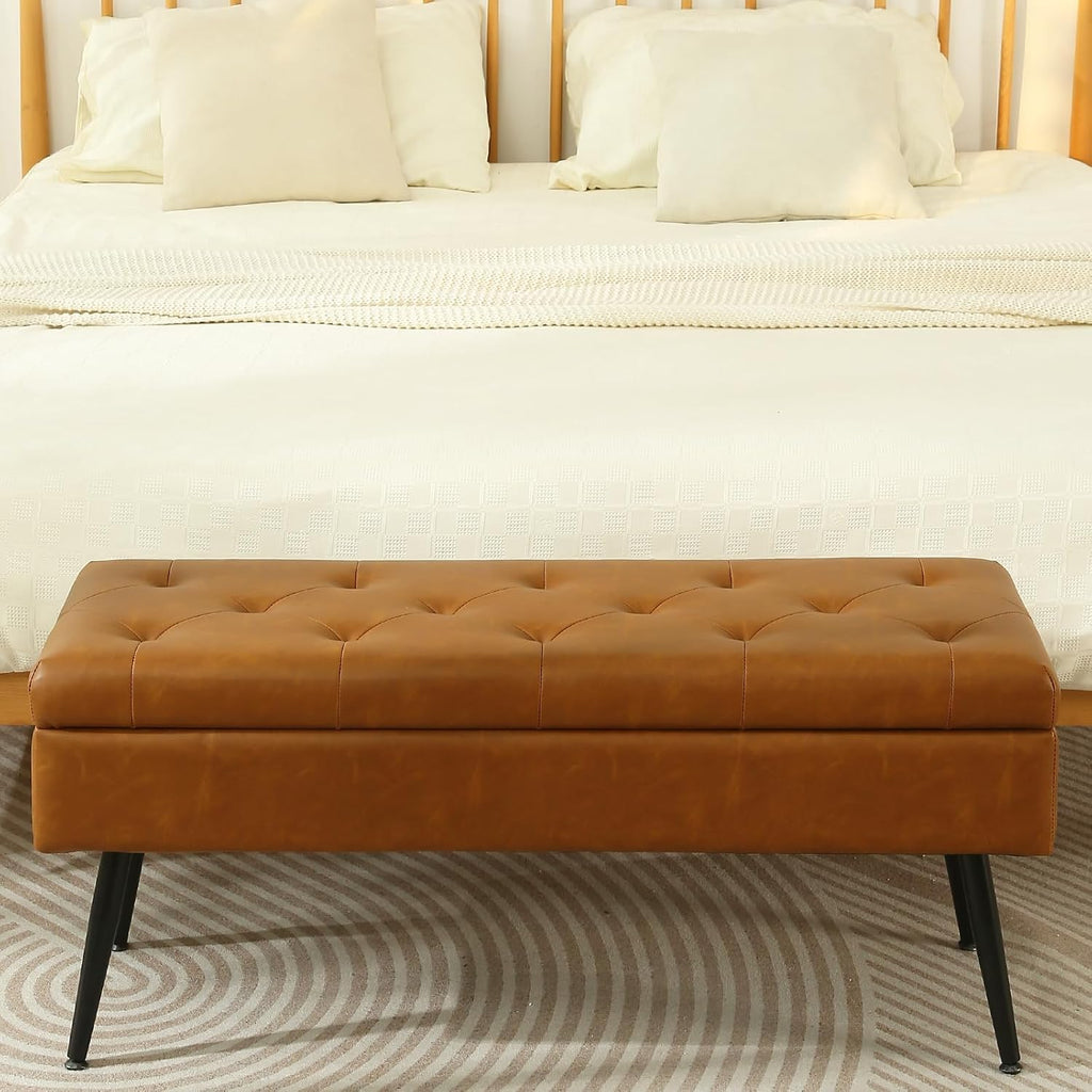 Storage Ottoman Long Upholstered Entryway Bench, 40" Cognac Brown | Large Flip-Top Entry Shoe Bench Dining Seat for Living Room Bedroom End of Bed Couch, Support 660lbs, Faux Leather