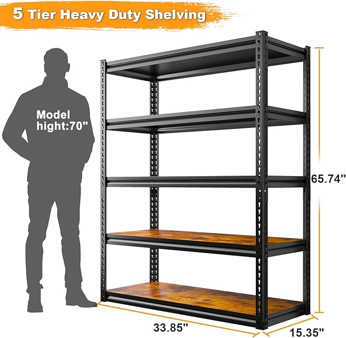 REIBII Garage Shelving 2500LBS Storage Shelves Adjustable Metal Shelving Heavy Duty Shelving 65.7" H Metal Shelves for Pantry Kitchen 15.35" D x 33.85" W x 65.74" H Black