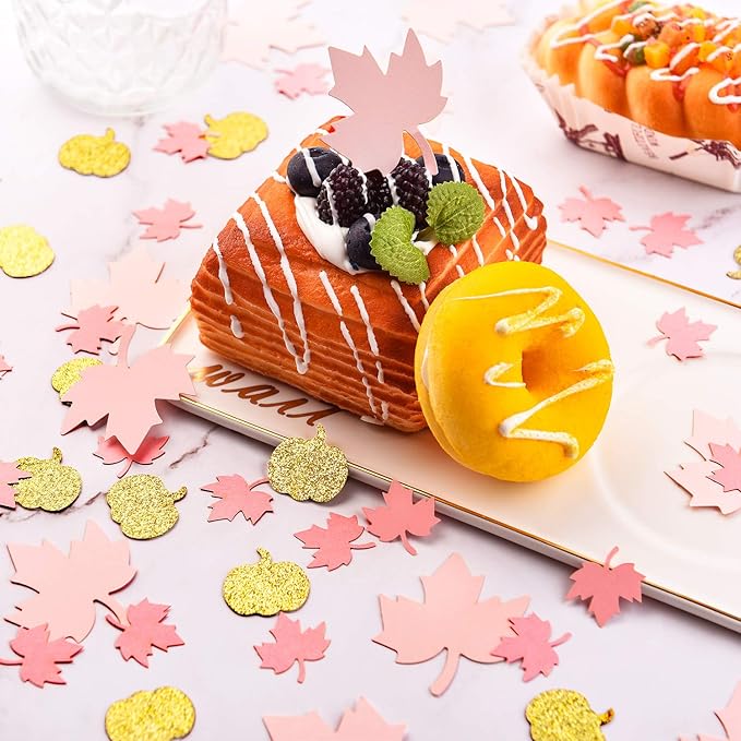 Sumind 200 Pieces Thanksgiving Pink and Gold Pumpkin Confetti Christmas Baby Shower Maple Leaf Confetti Glitter Thanksgiving Pumpkin Decorations Table Decorations for Birthday Party Supplies (Simple)