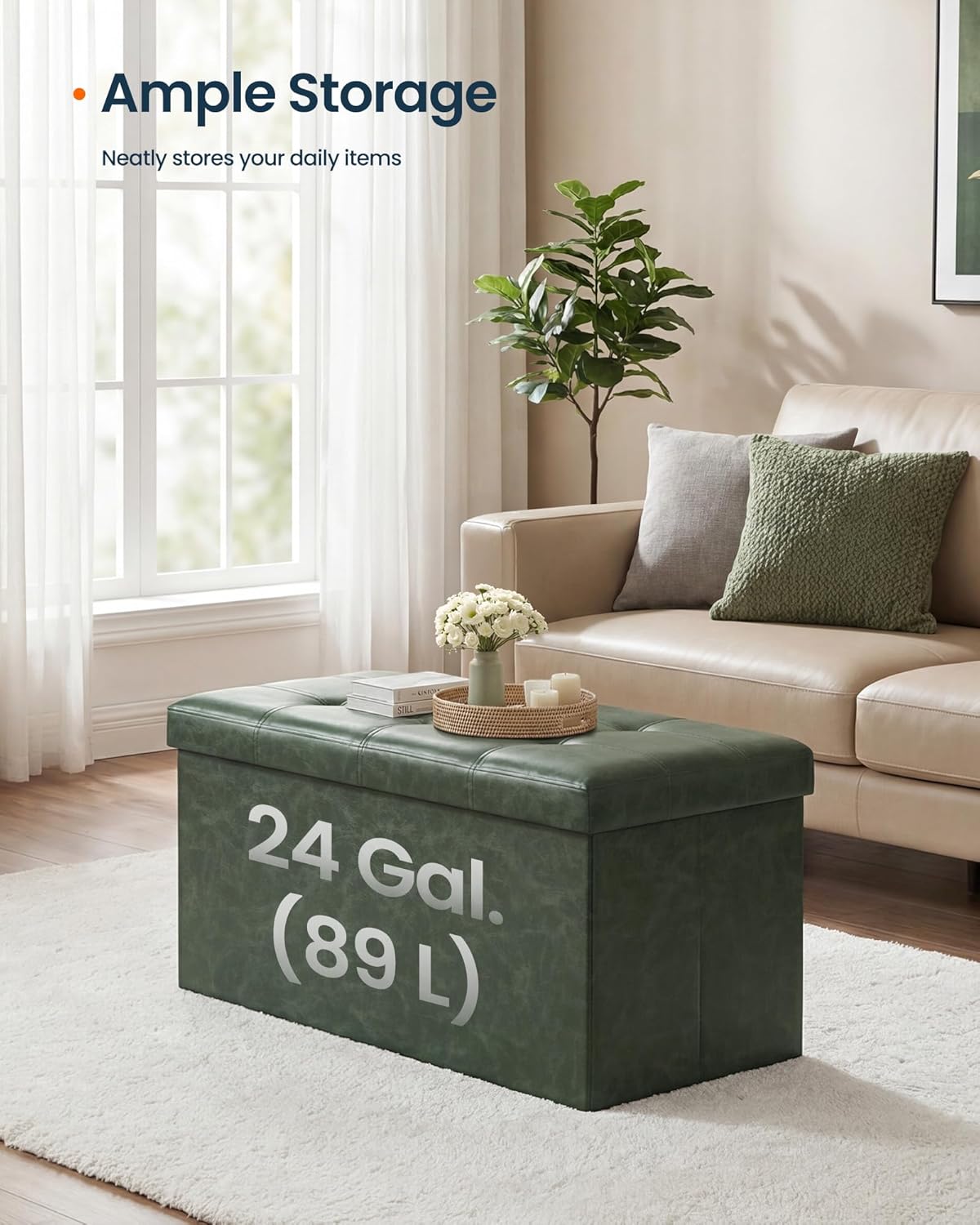 SONGMICS HOME Storage Ottoman, Removable Lid, Foldable Foot Stool, PU Leather, for Entryway, Living Room, Bedroom, 15.2 x 30.2 x 15.2 Inches, Green