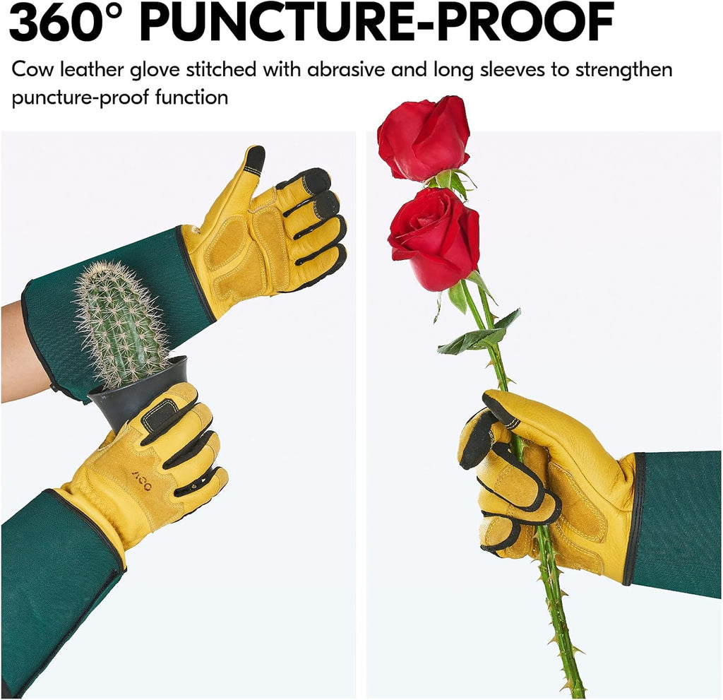 Vgo... Safety Work Gloves Men,Extra-long Cuff, Cow Grain Leather,Puncture-proof, Thornproof, Durability, Touchscreen,Gardeing (1 Pair,Size S, Golden Green, CA7472)