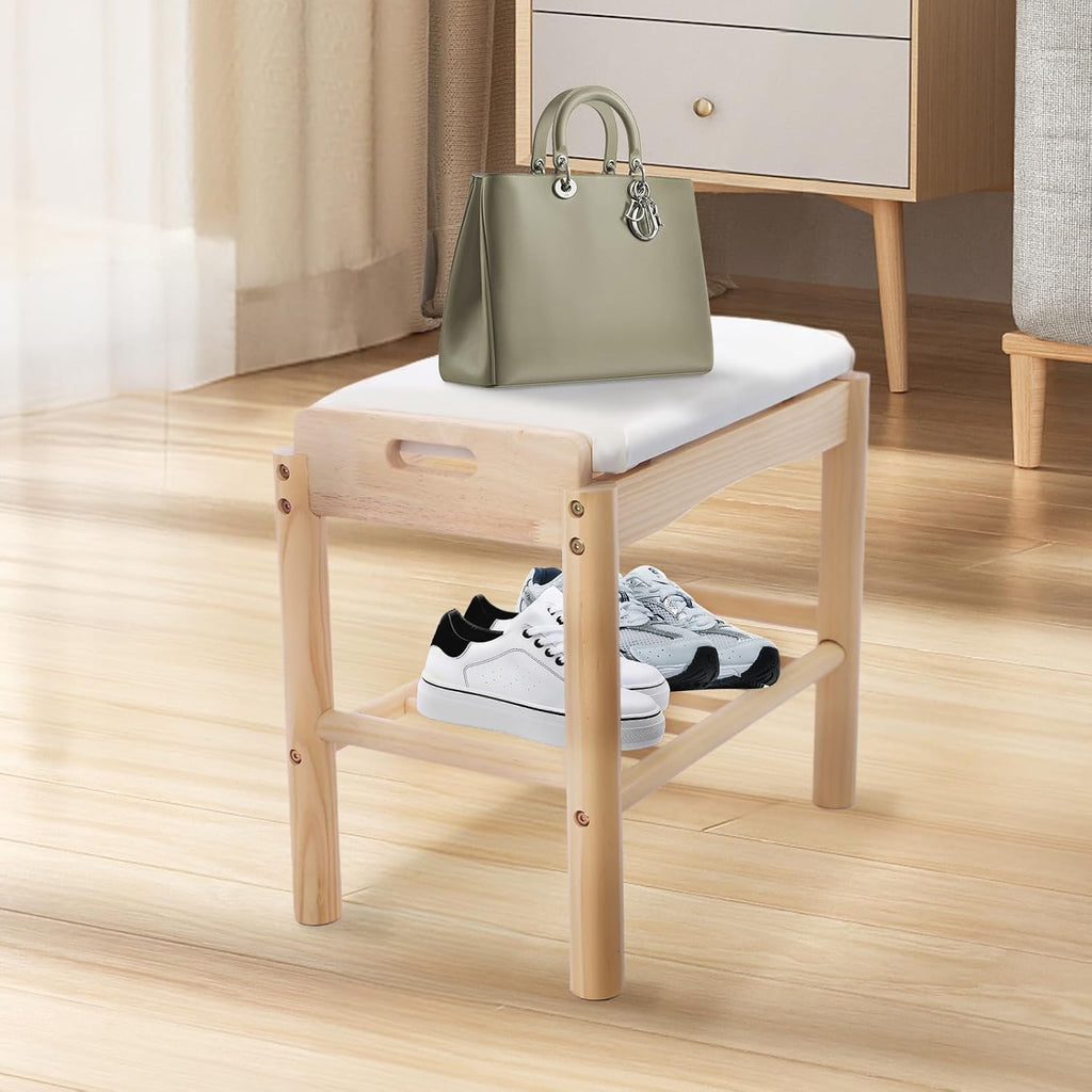 Shoe Bench with Cushion, 2-Tier Bamboo Shoe Rack Bench, Entryway Shoe Storage Organizer with Compartment, Wooden Shoe Storage Bench for Hallway, Living Room, Closet, Bedroom (Burlywood)