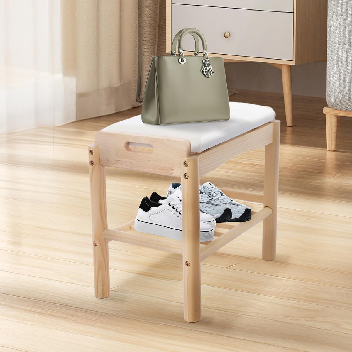 Shoe Bench with Cushion, 2-Tier Bamboo Shoe Rack Bench, Entryway Shoe Storage Organizer with Compartment, Wooden Shoe Storage Bench for Hallway, Living Room, Closet, Bedroom (Burlywood)