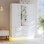 VOWNER Wardrobe Closet with 3 Doors Bedroom Armoire with Mirror & 4 Drawers
