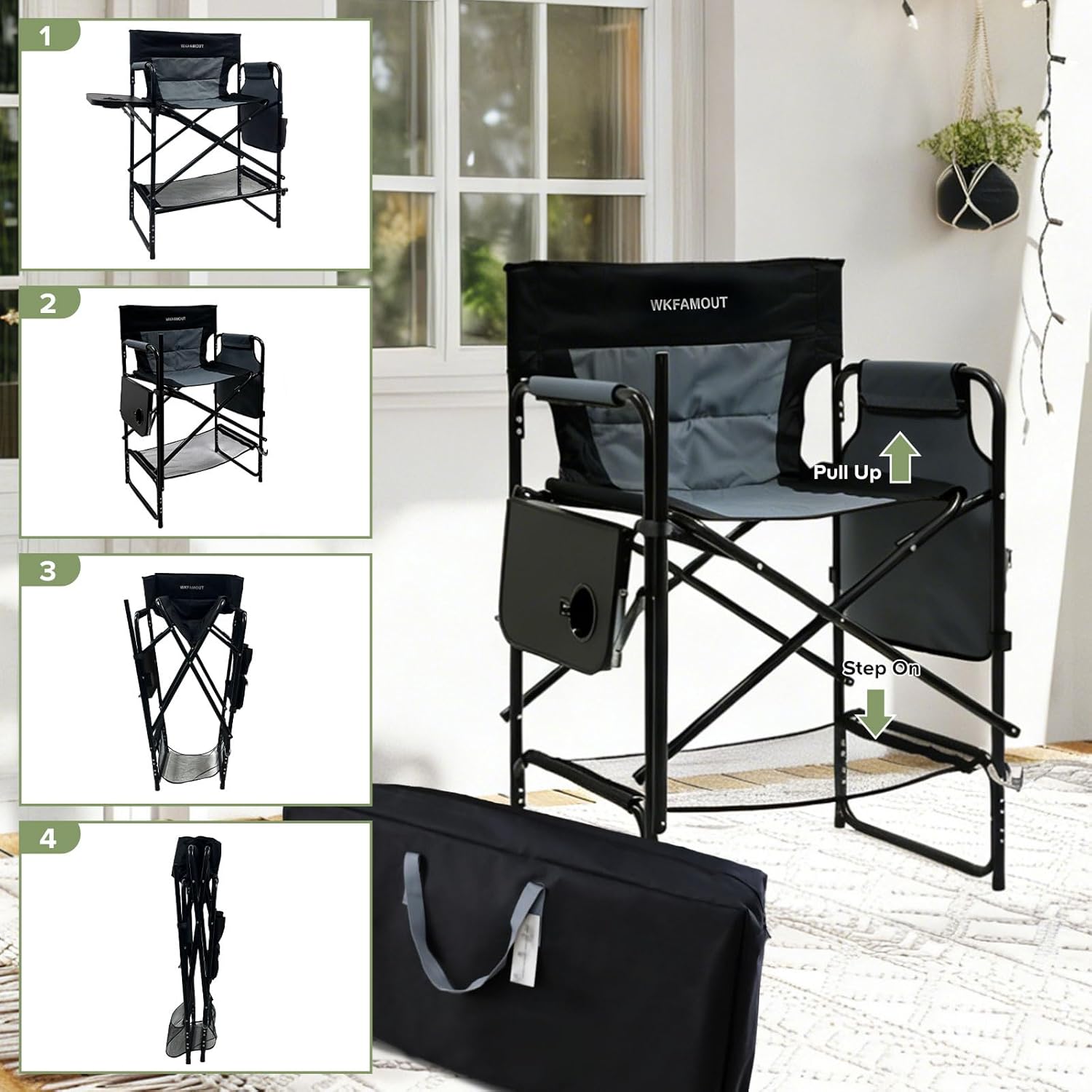 27" Tall Camping Director Chair Oversized with Side Table, Heavy Duty Folding Lawn Chair Outdoor for Makeup Artist, Sports Event, Supports 330LBS