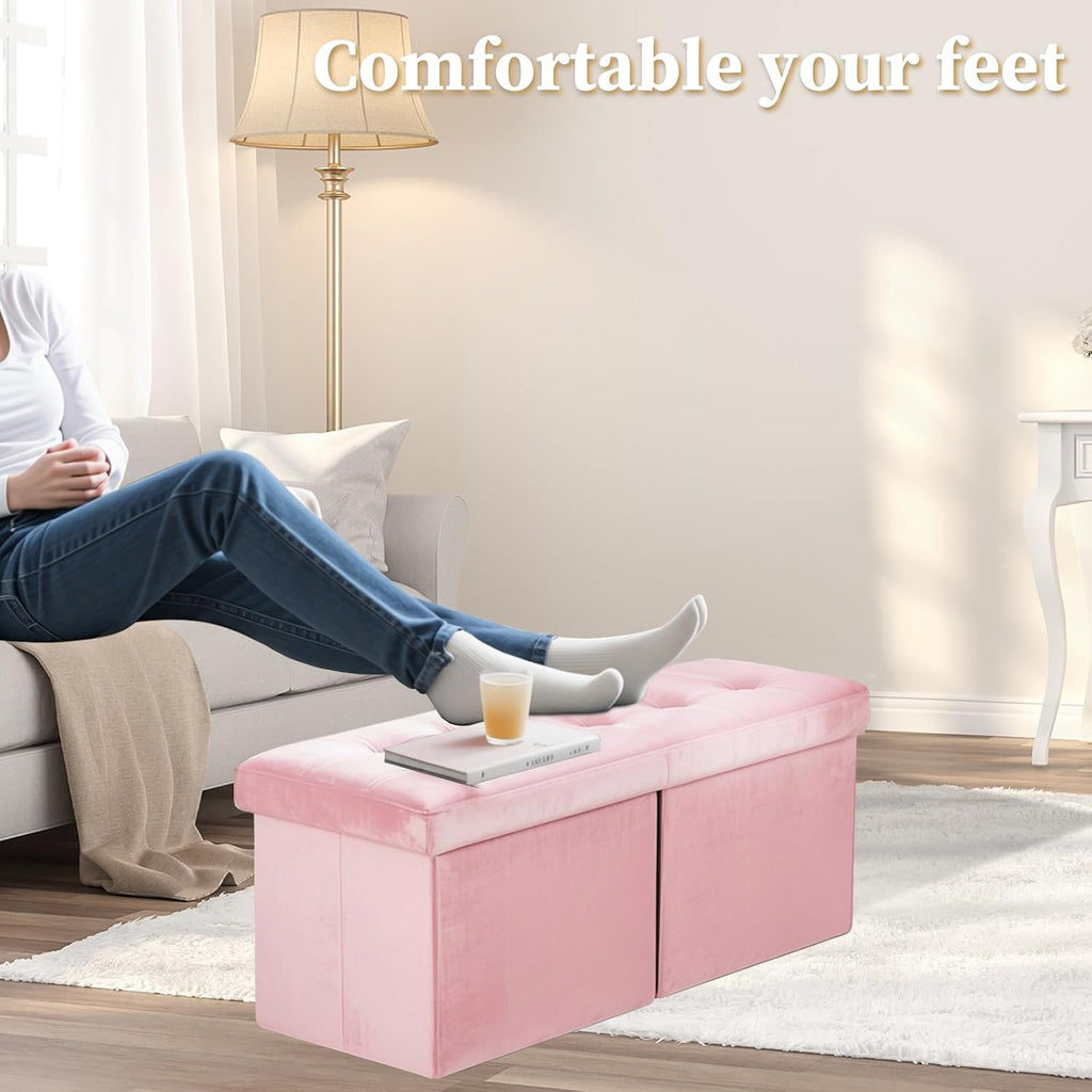 Bsketa Storage Ottoman Bench, 34" Folding Velvet Foot Rest Stool, Pink | Large Ottoman with Storage, Thicker Foam Padded Seat, Livingroom, Dorm, Bedroom, Easy to install, 86L,34 x 13 x 13in