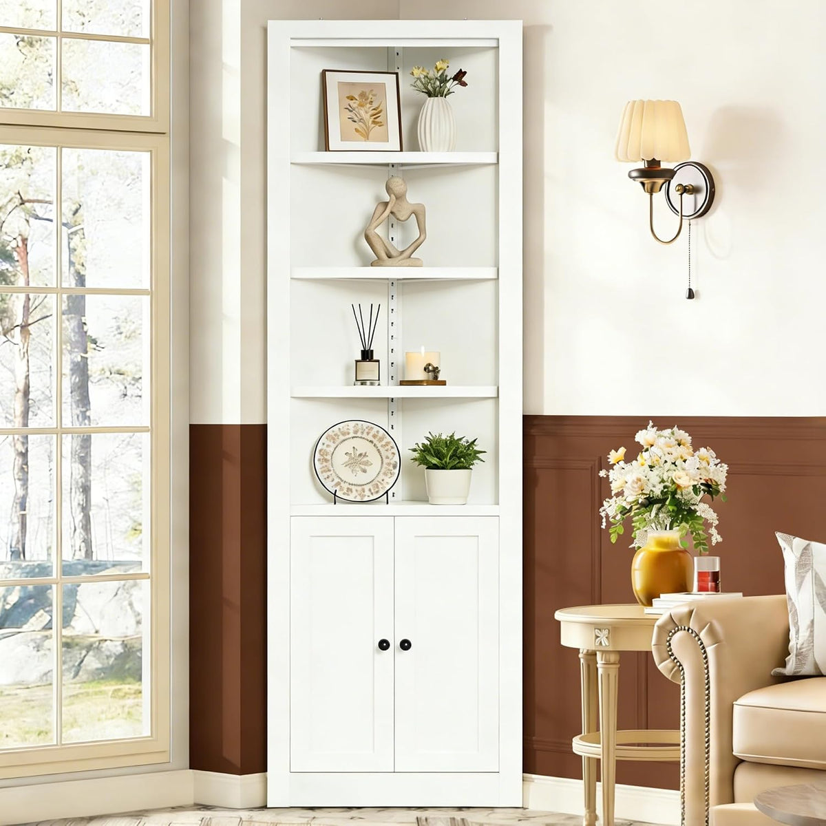 Metal Pantry Storage Cabinet with 4 Adjustable Shelves, 71" Tall Corner Cabinet for Bathroom, Corner Shelf Cabinet for Kitchen, Dining Room, Living Room, Assembly Required(White)