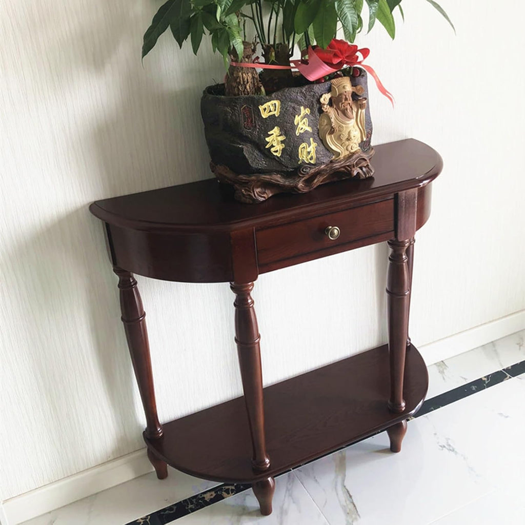 Half Moon Console Table, Solid Wood Console Tables with Drawer and Shelf, for Living Room, Hallway, Foyer, Entrance(35.4 * 11.8 * 31.5in)