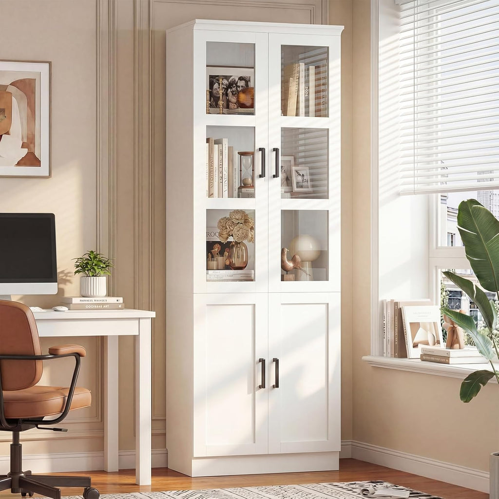 Unikito 79.7" Tall Kitchen Pantry Storage Cabinet, Freestanding Kitchen Hutch Cabinet with Tempered Glass Doors, Modern Display Bookcase with Adjustable Shelves for Living Room, Dining Room, White