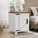 OKD Farmhouse Nightstand Set of 2 with Charging Station, 18 Inch Rustic End Table with Barn Door Cabinet, Adjustable Storage Shelf, Wood Sofa Side Table for Living Room, Bedroom, Antique White
