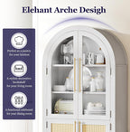 71" Tall Arched Cabinet with Glass Doors, Kitchen Pantry Storage Cabinet with Dust-Proof Rattan, 5-Tier Curio China Cabinet with Adjustable Shelves for Living Room Dining Room, White