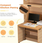 Farmhouse Pantry Cabinet with Foldable Workstation, 69" Tall Buffet with Hutch and Storage, Multifunctional Kitchen Cabinet with Adjustable Shelf and Power Outlet for Dining Room (Natural)