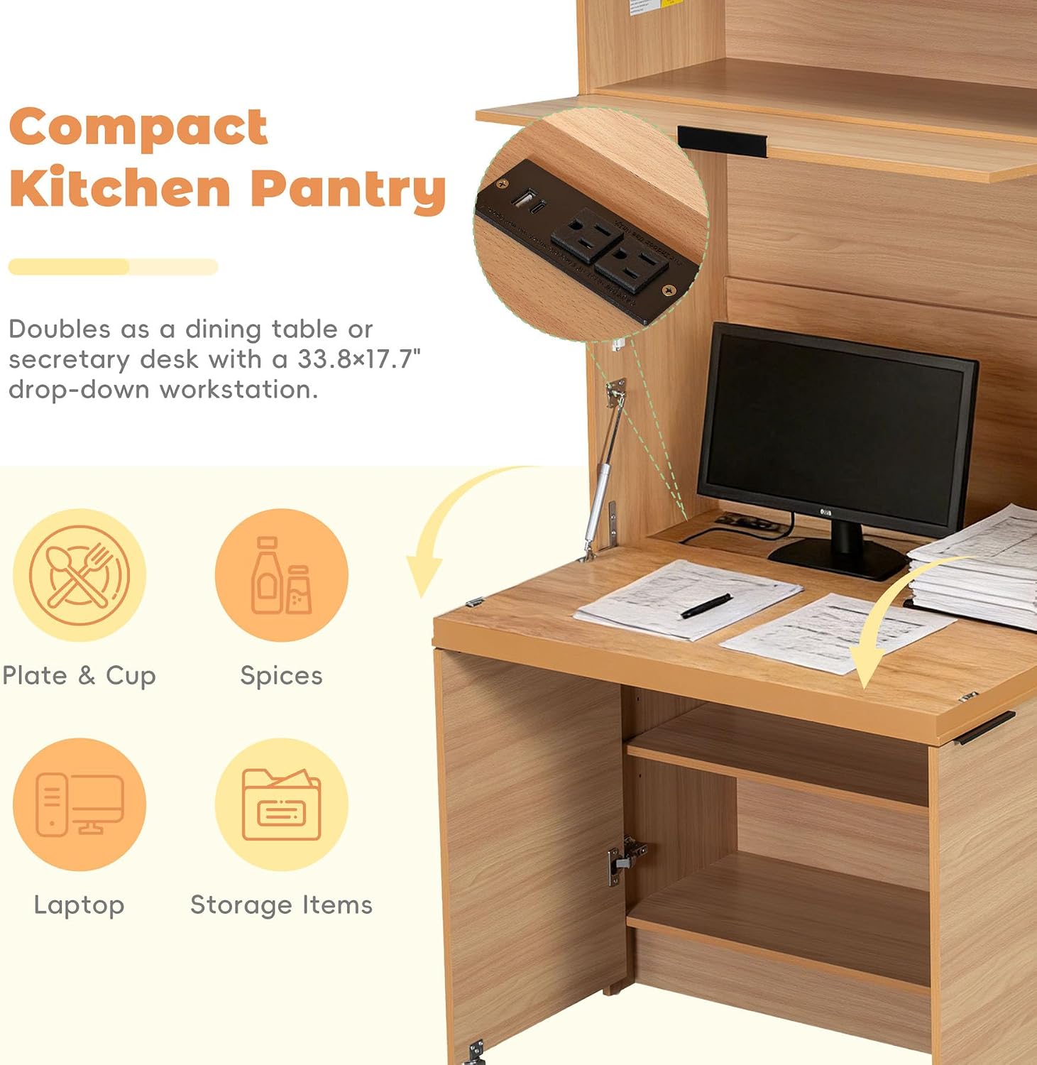 Farmhouse Pantry Cabinet with Foldable Workstation, 69" Tall Buffet with Hutch and Storage, Multifunctional Kitchen Cabinet with Adjustable Shelf and Power Outlet for Dining Room (Natural)