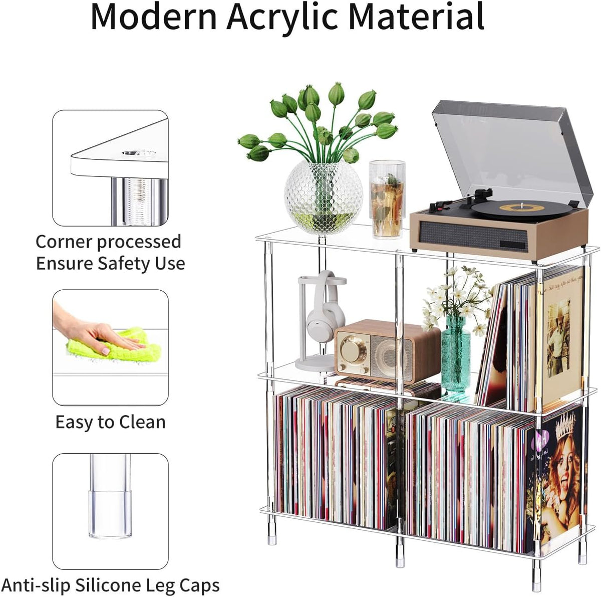 Clear Acrylic Record Player Stand with Vinyl Storage, 31.5" L x 11.8" W x 30.7" H, 3 Tier Side Turntable Table with Large Album Shelf, Modern End Table Bookshelf for Living Room, Bedroom