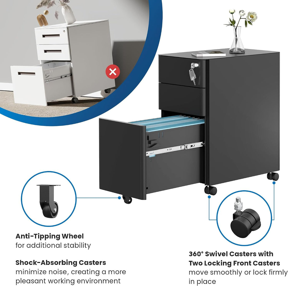 Mount-It! Slim 3 Drawer Rolling File Cabinet with Lock, Mobile Metal Filing Cabinet on Wheels for Under Desk Home & Office Storage, Letter Legal A4, Black