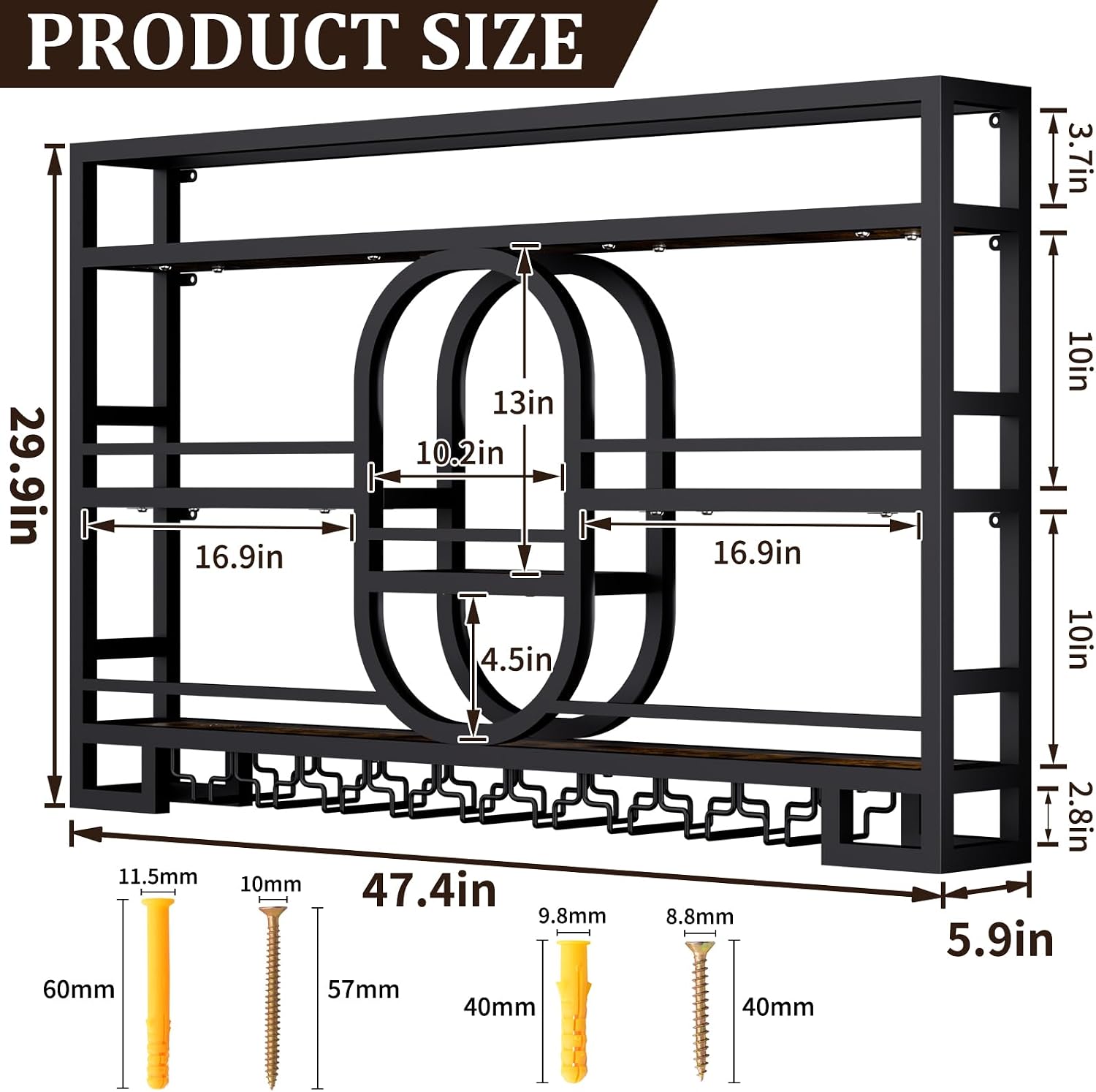 Boshen Fully Assembled 3-Tiers 47in Wine Rack Wall Mounted with LED Light | Floating Bar Shelves, Hanging Industrial Liquor Shelf, Wall-Mounted, Home, Bar, No Assembly Required, Glass Holder