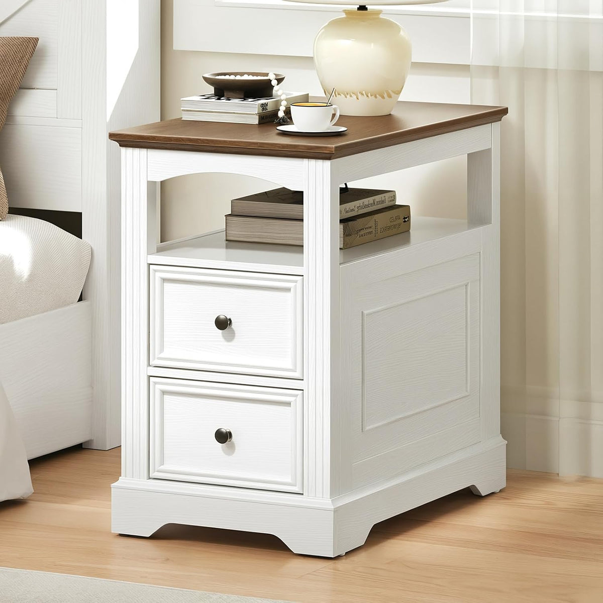RALGEND Farmhouse End Table with 2 Drawers, Narrow Sofa Side Table with Storage and Open Shelf, Wooden Nightstand for Small Spaces, Bedroom, Living Room, White and Walnut