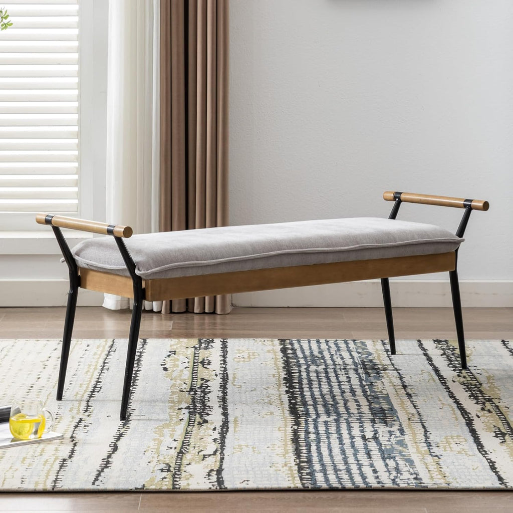 HEAH-YO Modern Dining Bench, 51 Inches Entryway Bench with Armrests, Upholstered Chenille Fabric End of Bench for Bedroom, Grey