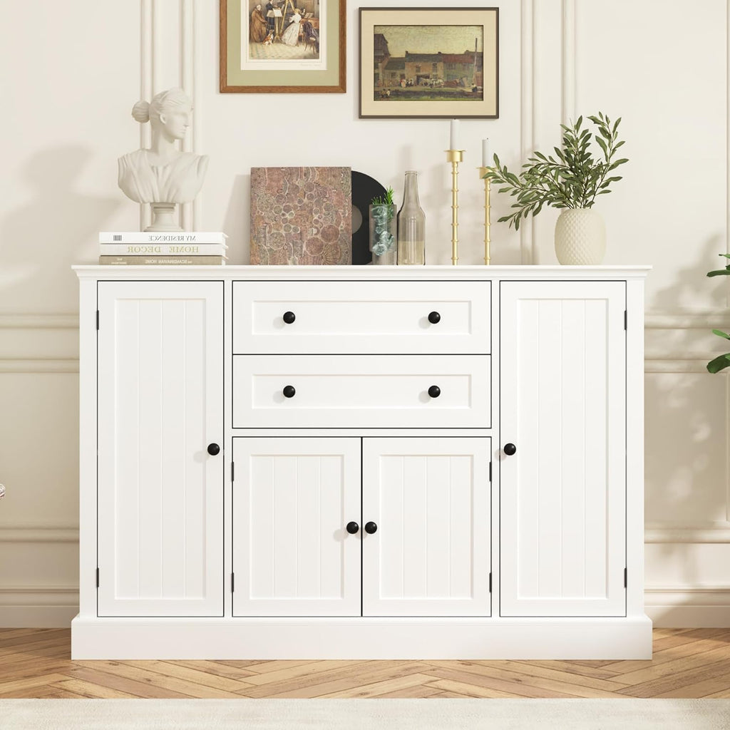 Farmhouse 47" Buffet Cabinet with Storage,Large Sideboard Buffet with Drawers and Adjustable Shelves, Rustic Coffee Bar Cabinet for Kitchen, White