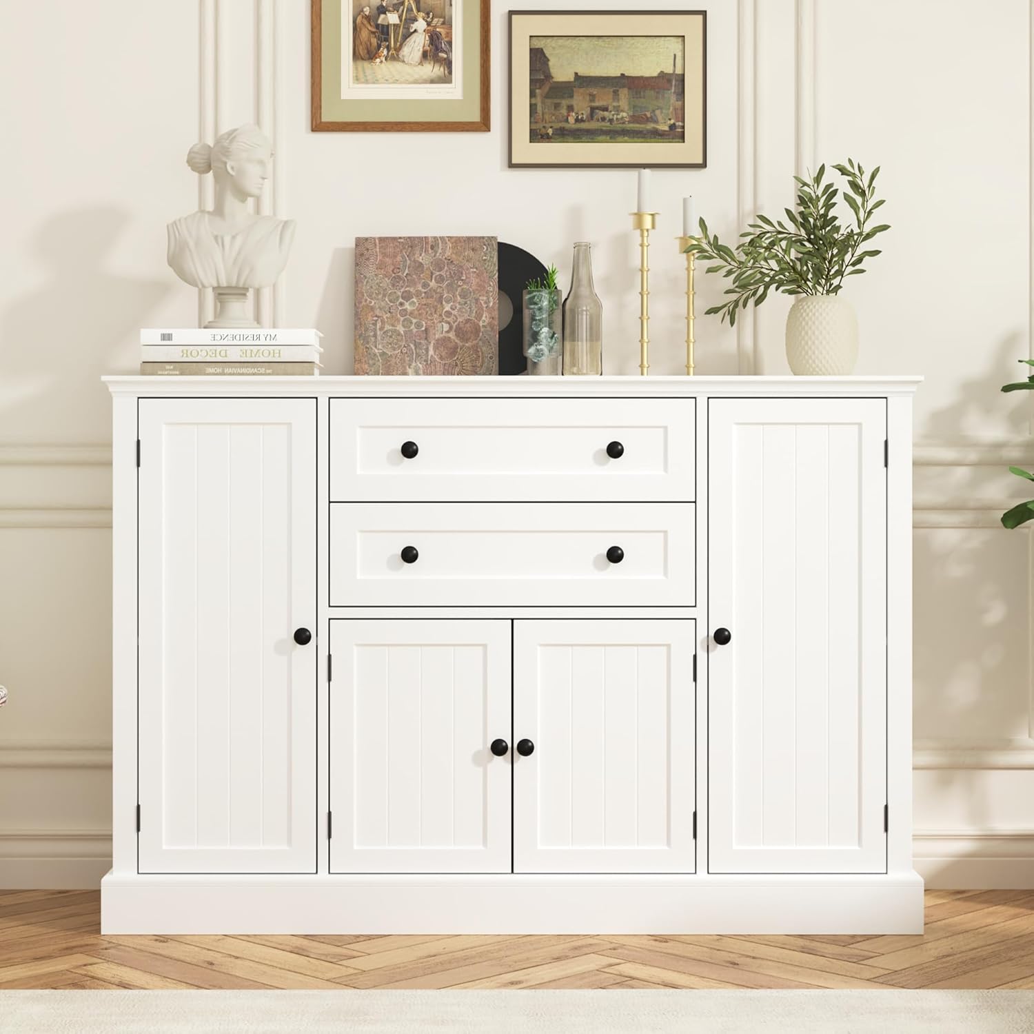 Farmhouse 47" Buffet Cabinet with Storage,Large Sideboard Buffet with Drawers and Adjustable Shelves, Rustic Coffee Bar Cabinet for Kitchen, White