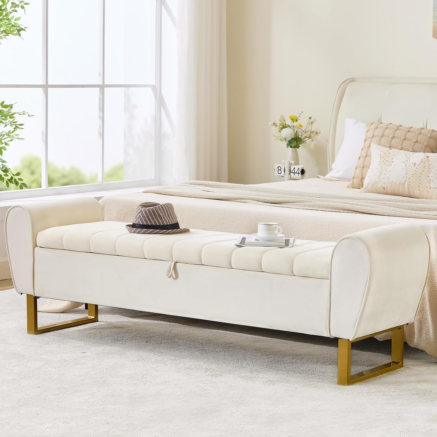 67'' King Size End of Bed Storage Bench for Bedroom, Bedroom Benches for Foot of Bed King with Gold Legs, Storage Ottoman Bench with Storage for Bedroom, Velvet Beige