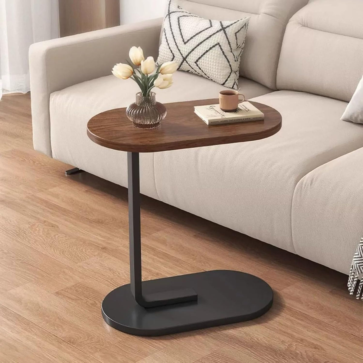 TY&WJ Small Side Table End Table,C Shaped Oval Coffee Table Wooden TV Tray Narrow Couch Arm Tray Tables for Snack Drink Tray Living Room Bedroom,F,60x45x30cm(24x18x12inch)