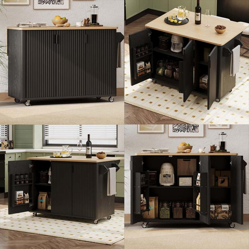 Kitchen Island with Drop Leaf with Drop Leaf Height-Adjustable Shelves, Farmhouse Kitchen Island with Wheels Towel Rack， for Kitchen, Dining Room, Black