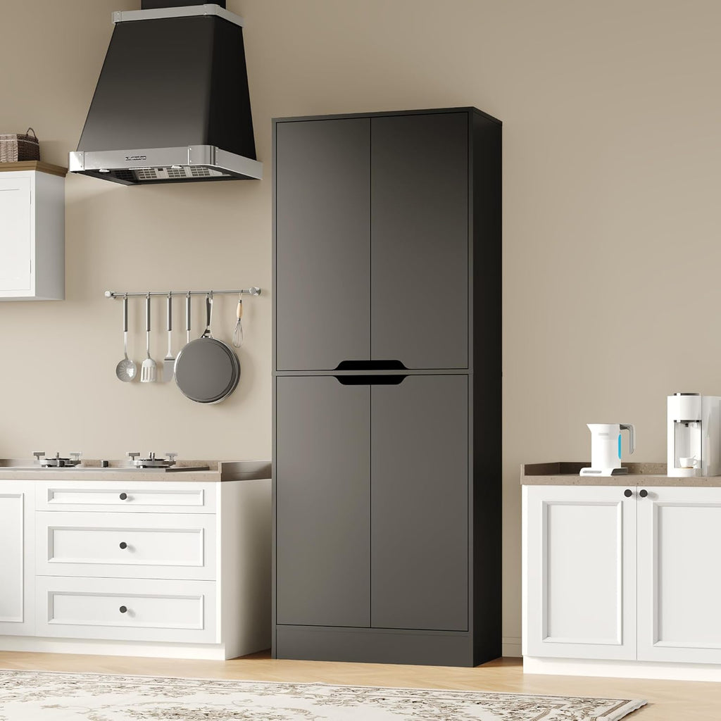 Housoul 71" Tall Freestanding Kitchen Pantry Cabinet, 4 Doors Freestanding Cupboard with Adjustable Shelves, Kitchen Hutch Cabinet for Kitchen, Dining Room, Black