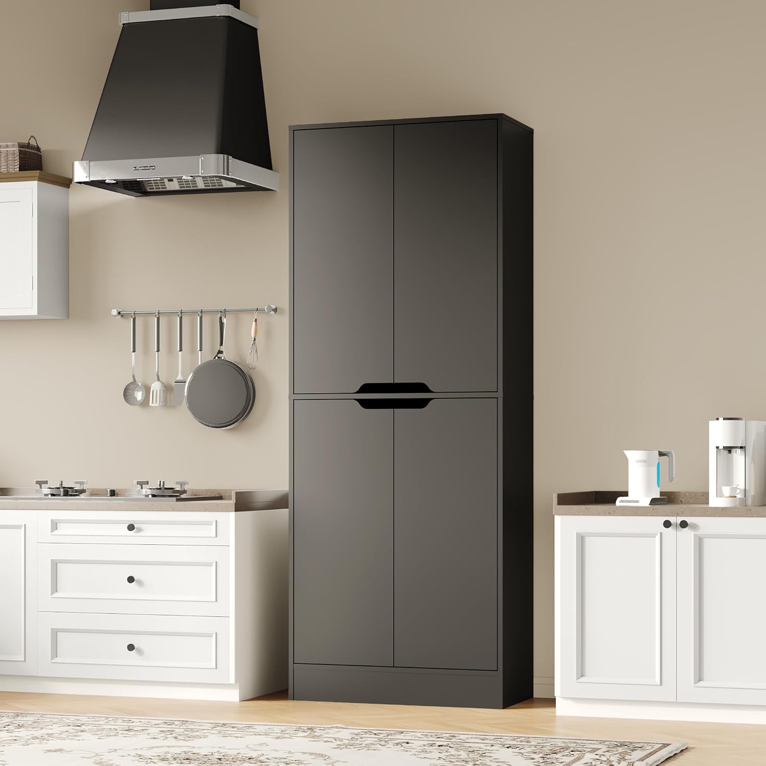 Housoul 71" Tall Freestanding Kitchen Pantry Cabinet, 4 Doors Freestanding Cupboard with Adjustable Shelves, Kitchen Hutch Cabinet for Kitchen, Dining Room, Black