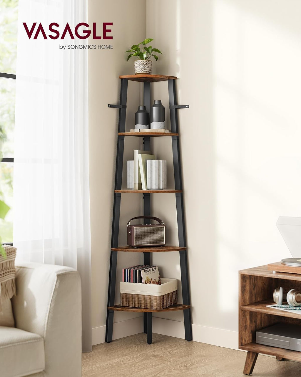 VASAGLE 5-Tier Corner Shelf Stand, Modern Ladder Shelf