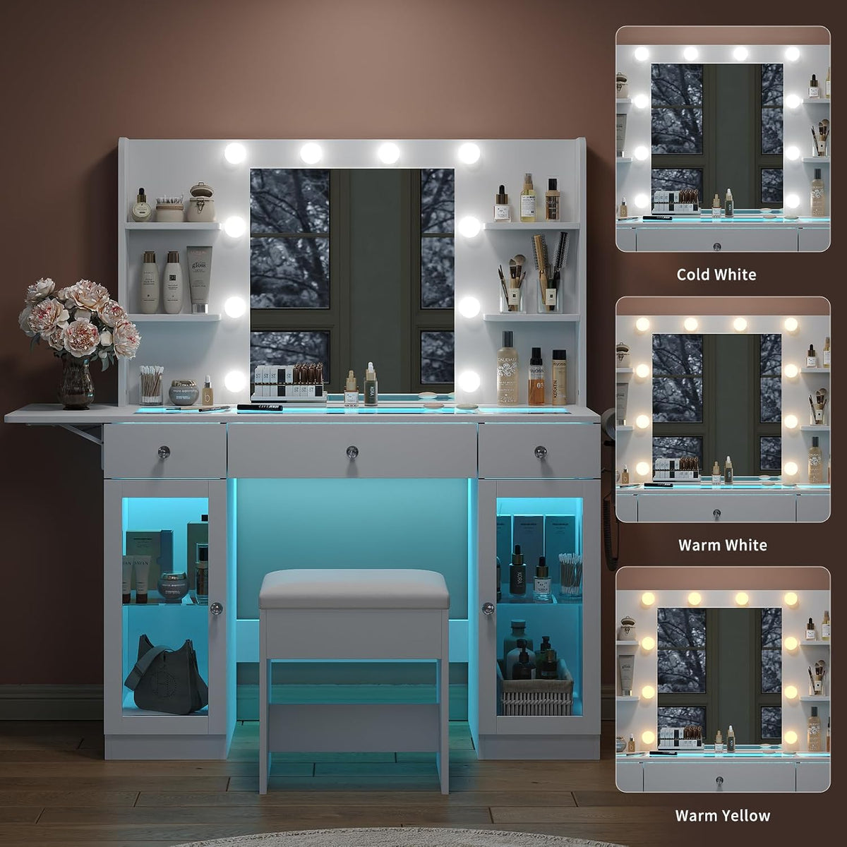 Yanosaku Makeup Vanity Desk with Mirror and Lights, RGB Lighted Vanity Desk with Power Outlet, 3 Drawers & 2 Large Tempered Cabinets, Fold-up Panel, Glass Top Vanity with Chair for Bedroom, White