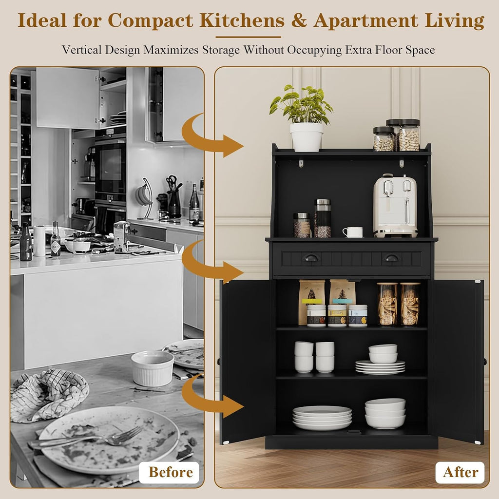 HOLTICO 54" Microwave Storage Cabinet with Doors, Black | Freestanding Kitchen Pantry with Drawer, Coffee Bar Station with Cable Management