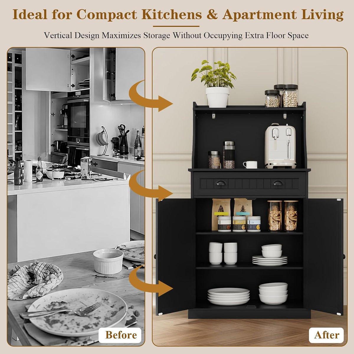 HOLTICO 54" Microwave Storage Cabinet with Doors, Black | Freestanding Kitchen Pantry with Drawer, Coffee Bar Station with Cable Management