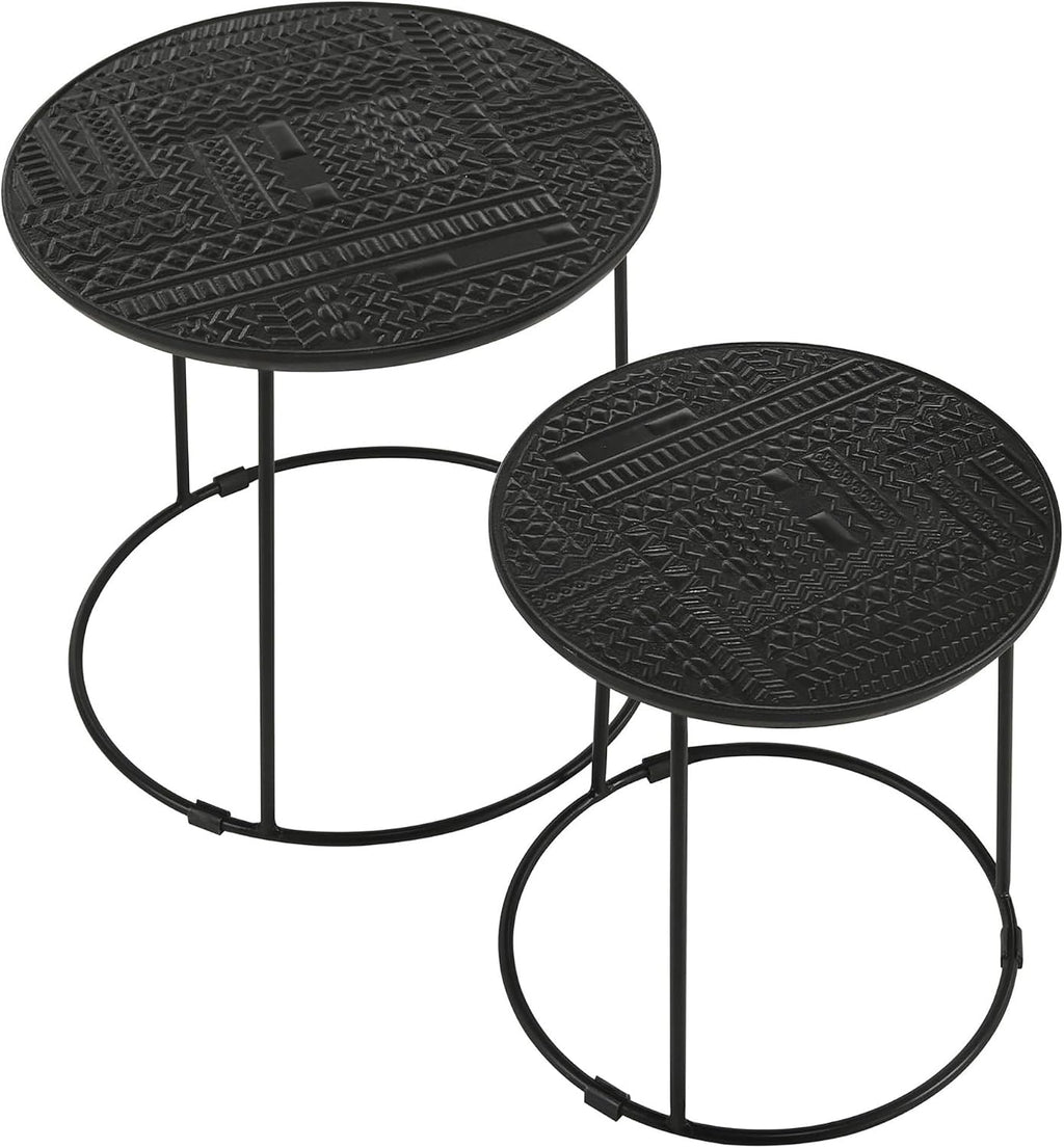 20" Sturdy Metal Frame Nesting Coffee Table, Boo Coffee Table with Embossed Tribal Pattern, Nesting Side Tables with Mango Wood top for Modern Indoor Spaces, Black