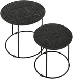 20" Sturdy Metal Frame Nesting Coffee Table, Boo Coffee Table with Embossed Tribal Pattern, Nesting Side Tables with Mango Wood top for Modern Indoor Spaces, Black