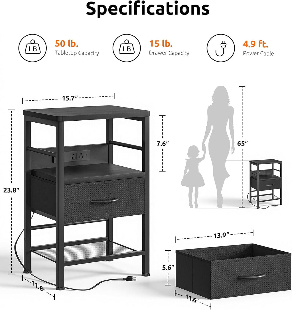 Lazzanto Nightstands Set of 2 with Charging Station, Black Night Stand | 1 Fabric Drawer, Open Shelf, Hooks, USB-C USB-A Port AC Outlets, Bedroom, Living Room, Dorm, 2-pack