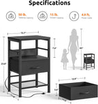 Lazzanto Nightstands Set of 2 with Charging Station, Black Night Stand | 1 Fabric Drawer, Open Shelf, Hooks, USB-C USB-A Port AC Outlets, Bedroom, Living Room, Dorm, 2-pack