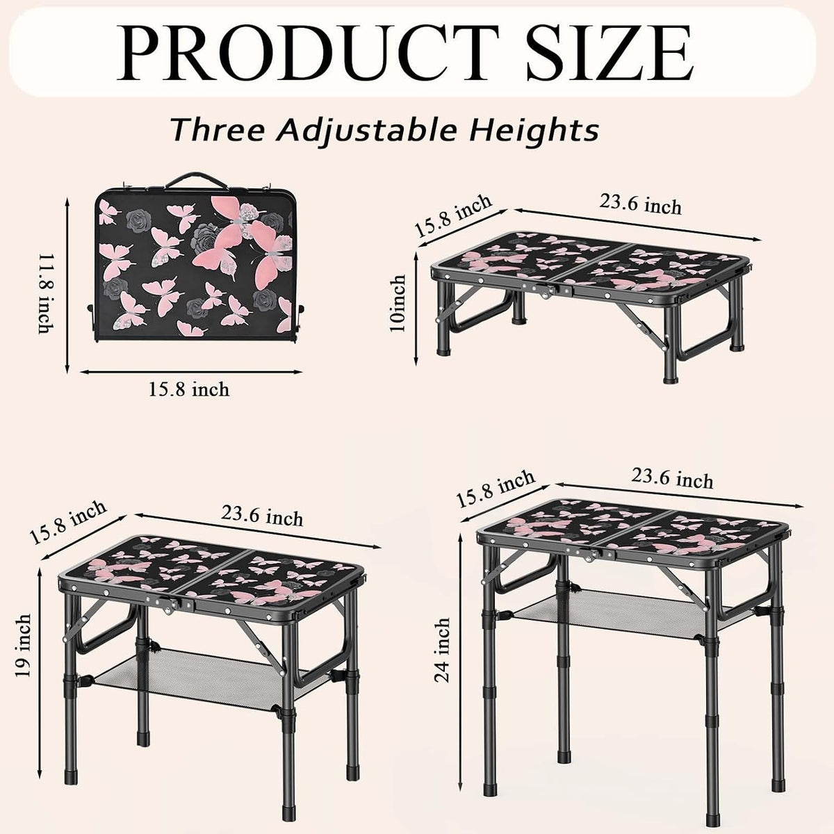 YihuiKo Small Camping Table, Vintage French Butterfly Pattern Folding Table | Adjustable Height, Lightweight Portable Folding Table, For Patio/Garden/Travel/Living Room, Carry Handle, Storage Net