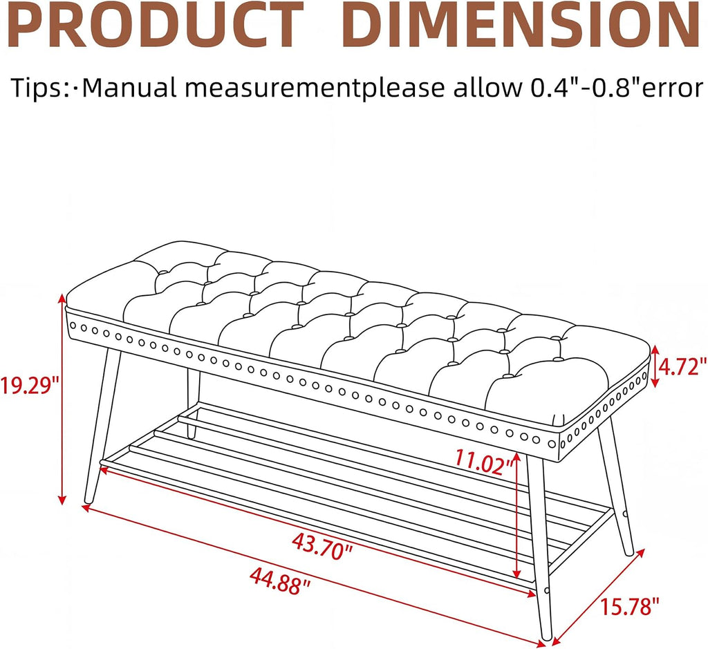 Mistpople Thick Cushioned Shoe Bench, Entryway Bench with Metal Shoe Rack, Upholstered Tufted Ottoman Bench for Bedroom, End of Bed Bench, Farmhouse Style Storage Bench for Hallway, Living Room