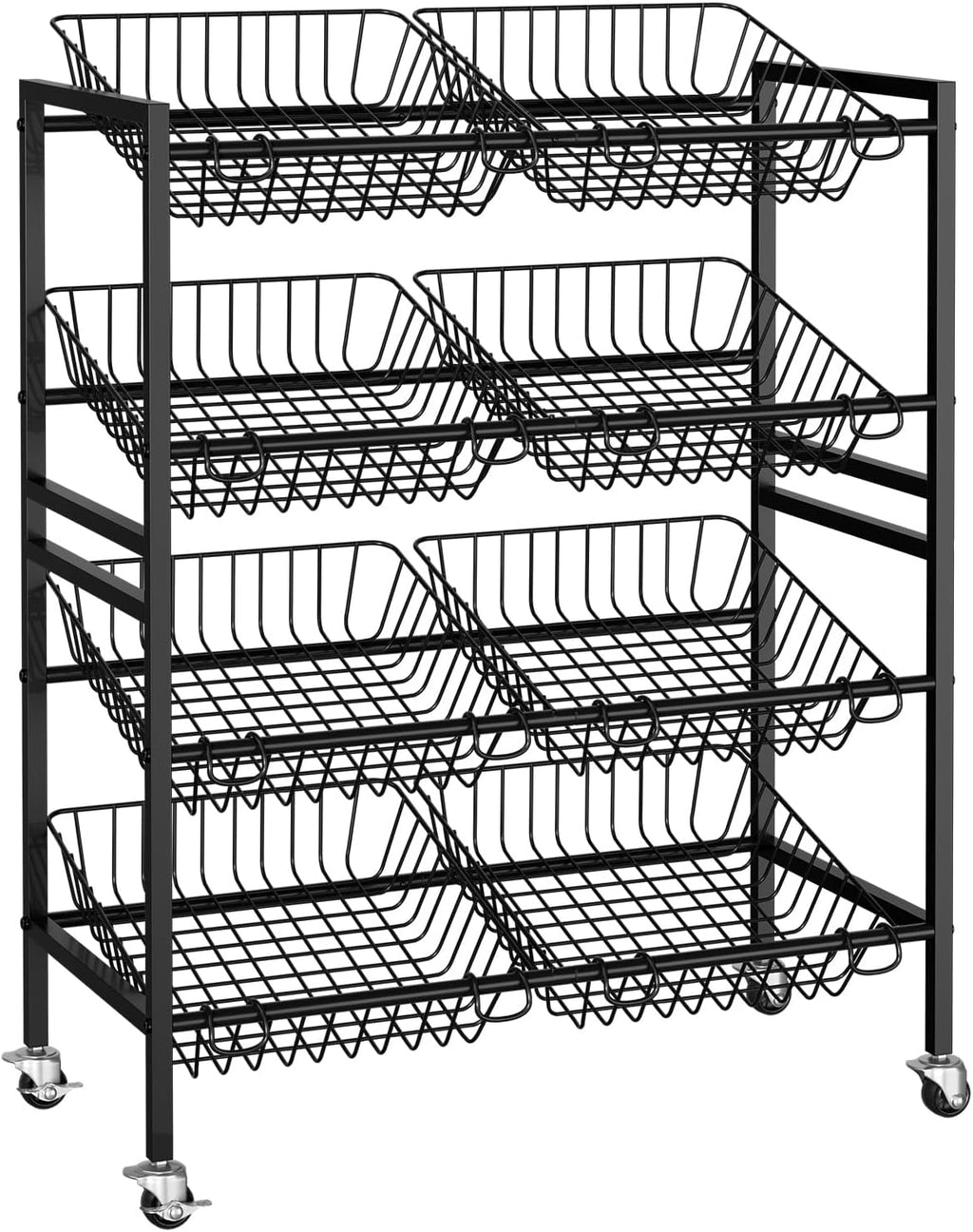 Evermagin 25.2" W Kitchen Storage Cart, 4-Tier Snack Cart with Wheels | Metal Fruit Basket Vegetable Stand, Pantry Storage Organizer with 8 Removable Baskets for Onion Potato, Black