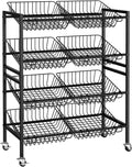Evermagin 25.2" W Kitchen Storage Cart, 4-Tier Snack Cart with Wheels | Metal Fruit Basket Vegetable Stand, Pantry Storage Organizer with 8 Removable Baskets for Onion Potato, Black