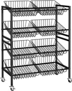 Evermagin 25.2" W Kitchen Storage Cart, 4-Tier Snack Cart with Wheels | Metal Fruit Basket Vegetable Stand, Pantry Storage Organizer with 8 Removable Baskets for Onion Potato, Black